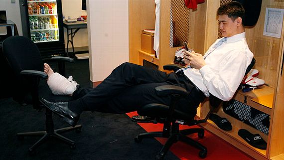 Yao Ming seen recovering from one of his many career foot injuries