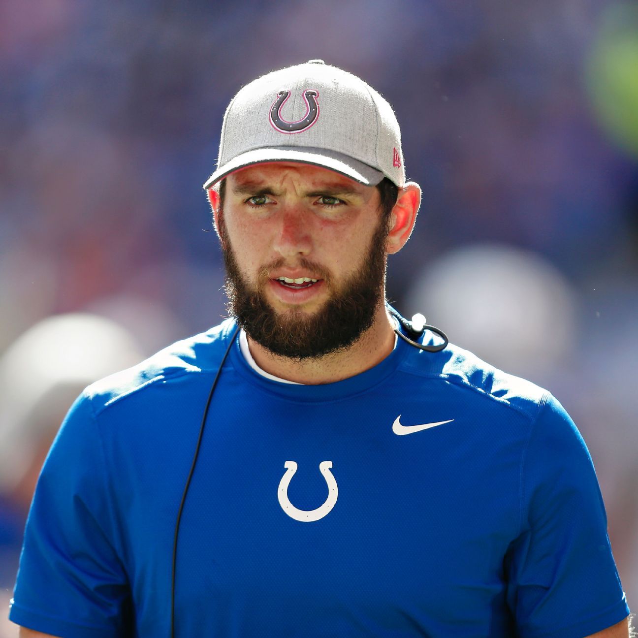 Luck back at practice, mum on status vs. Pats