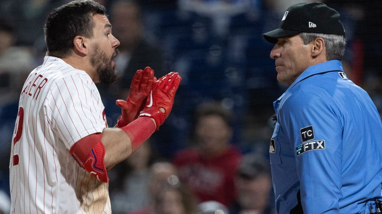 Kyle Schwarber ejected from Philadelphia Phillies' 1-0 loss after large strike zone 'just got to me