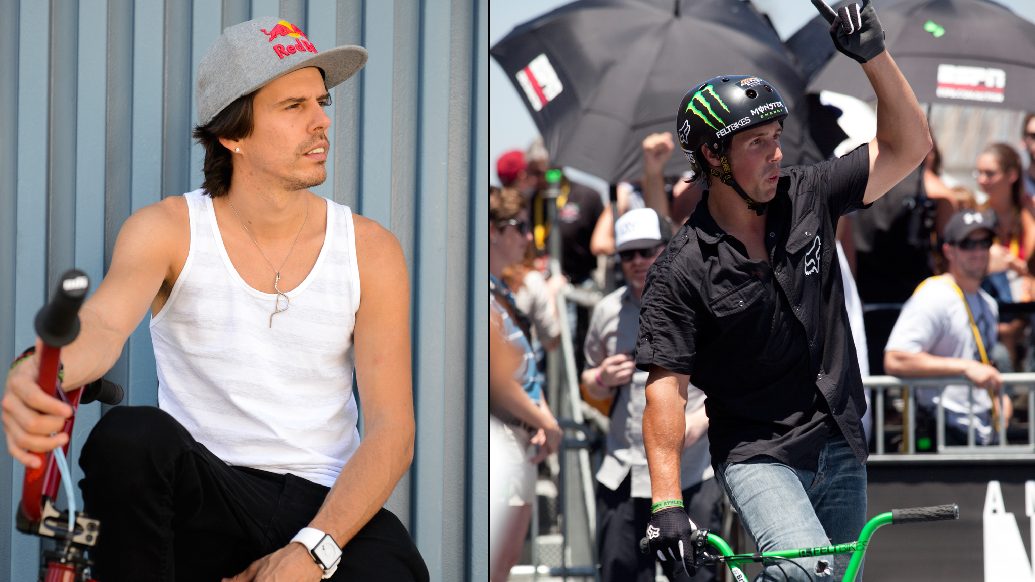 Daniel Dhers (left) is seeking redemption in Brazil after losing the BMX Park gold medal to Scotty Cranmer (right) at X Games Los Angeles 2012.