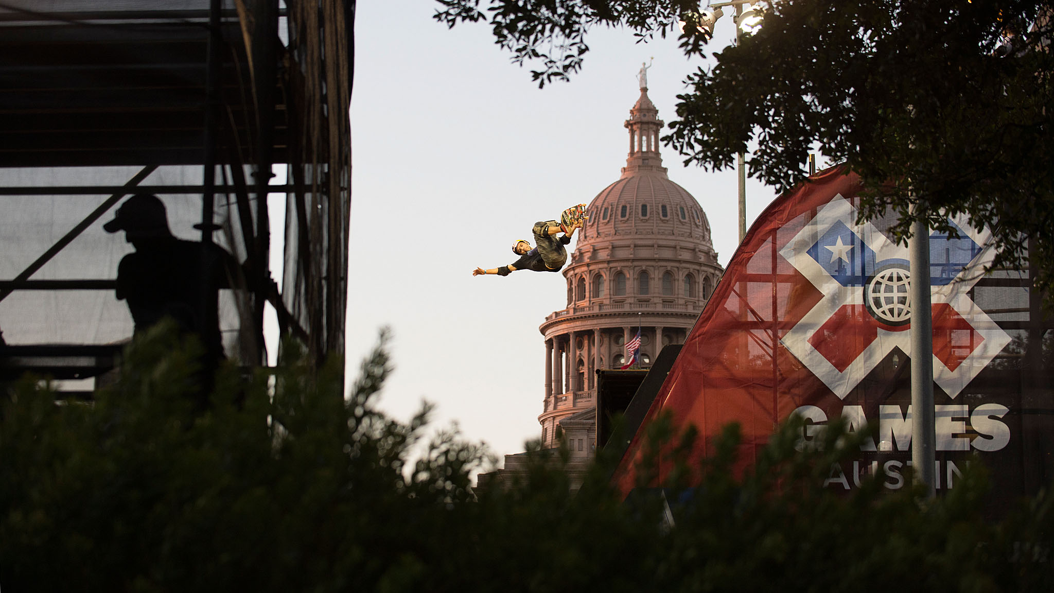 More than 12,000 fans packed the strip of land between the BMX and Skateboard Vert ramp and Texas State Capitol on as the first of many X Games Austin events kicked off with a bang on Thursday evening. Here, vert veteran Pierre-Luc Gagnon soars his way to the finals.