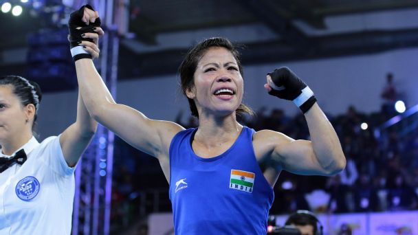 File photo: Mary Kom celebrates the defeat of Ukraine's Hanna Okhota by a unanimous decision in the 48kg final at the 2018 Worlds.