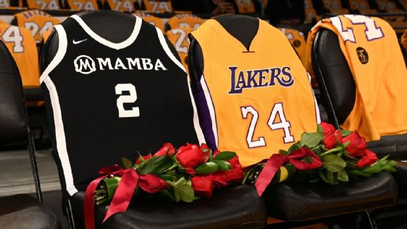 Los Angeles Lakers players wearing No. 24 and No. 8 jerseys in remembrance  of the late Kobe Bryant prior to an NBA game against the Portland Trail  Blazers at Staples Center Friday