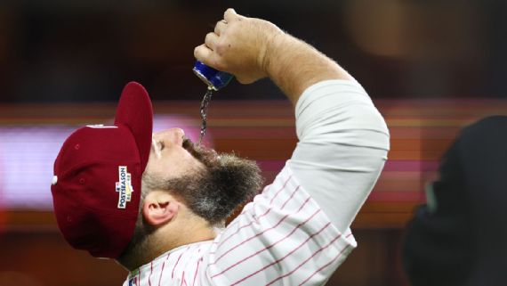 Jason Kelce for mayor? 'Sexy Batman' hugs the Phanatic and chugs a beer at  Phillies playoff win