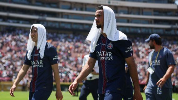 PSG players celebrate a goal during a match in Pasadena, California, where temperatures reached 90 degrees.