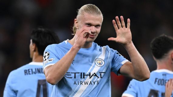 Erling Haaland celebrates his 50th Champions League goal