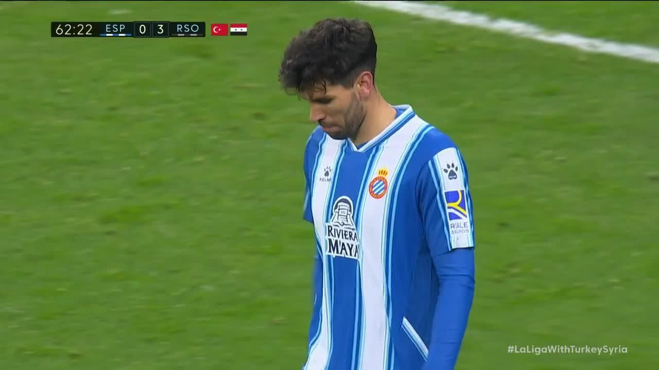 Espanyol's Leandro Cabrera puts on the goalkeeper's jersey to