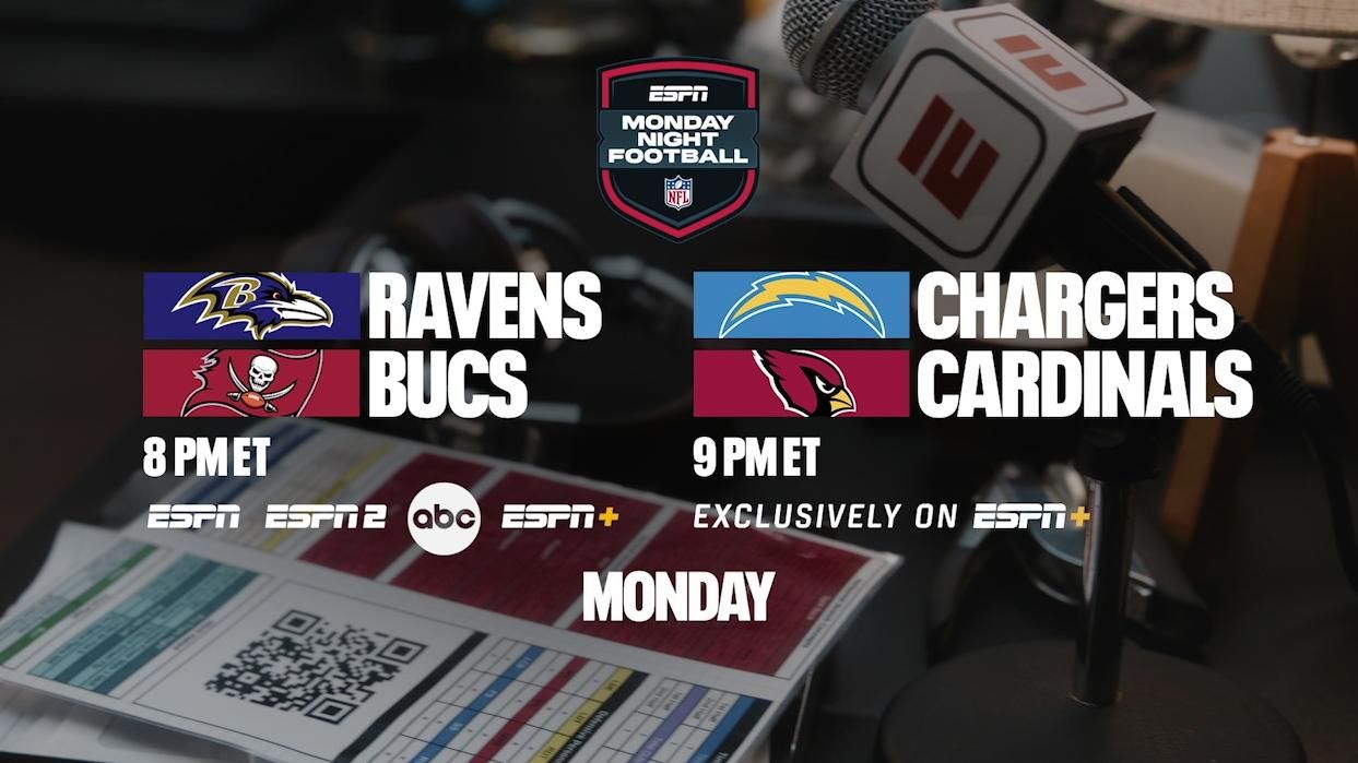 MNF Week 7 ESPN+ schedule BucsRavens, ChargersCardinals ESPN