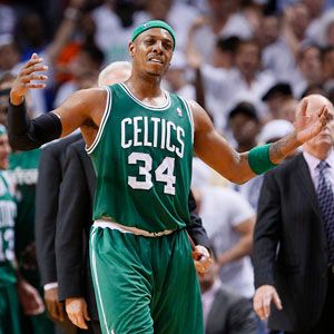 Boston Celtics' Paul Pierce signals to the referee that he thought