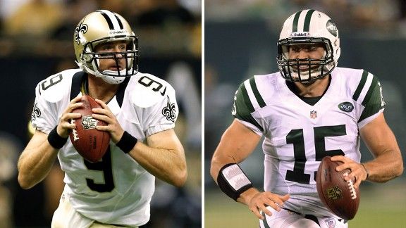 New York Jets Tim Tebow and Mark Sanchez warm up on the field before the  game against the New York Giants in a Pre Season NFL game at MetLife  Stadium in East