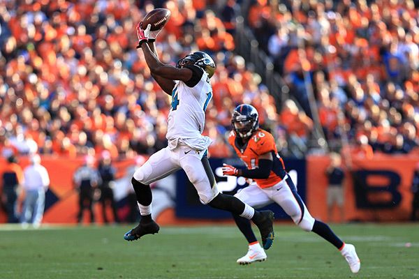 Jacksonville Jaguars wide receiver Justin Blackmon points to an