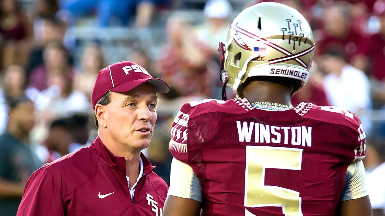 Suspended Florida State Seminoles QB Jameis Winston wears full pads in  warm-ups - ESPN