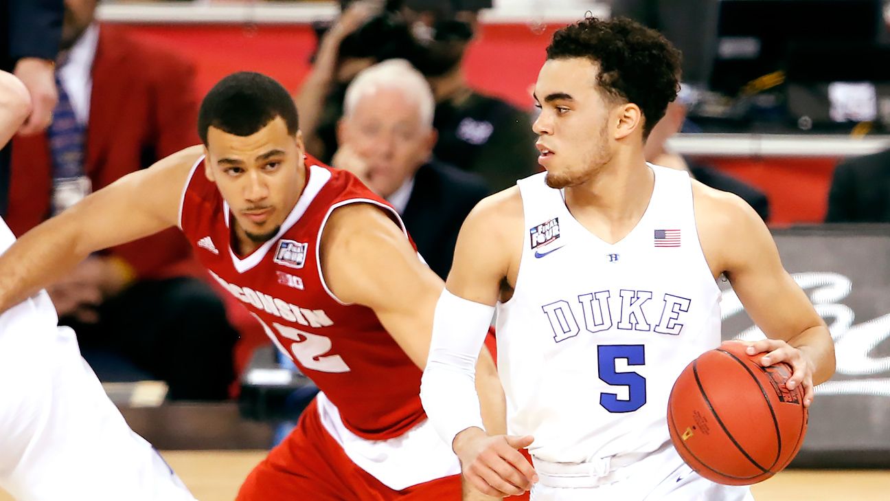 December 18, 2014: Duke Blue Devils guard Tyus Jones (5) calls out the play  during the NCAA basketball game between Connecticut Huskies and the Duke  Blue Devils at the IZod Center in