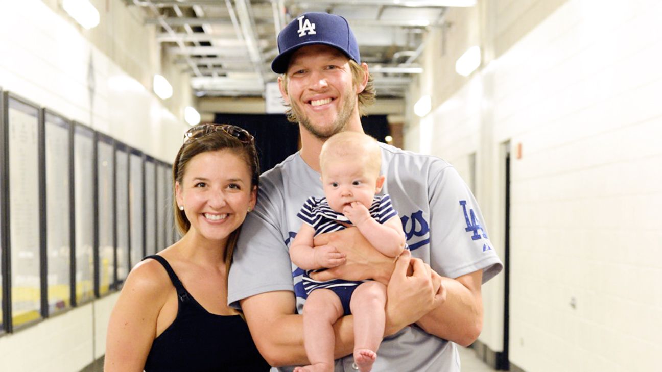 LOS ANGELES, CA - APRIL 14: Dodgers pitcher Clayton Kershaw with his wife,  Ellen, and children (from left) Chance, Charley, Cali and Cooper on opening  day on April 14, 2022 at Dodger