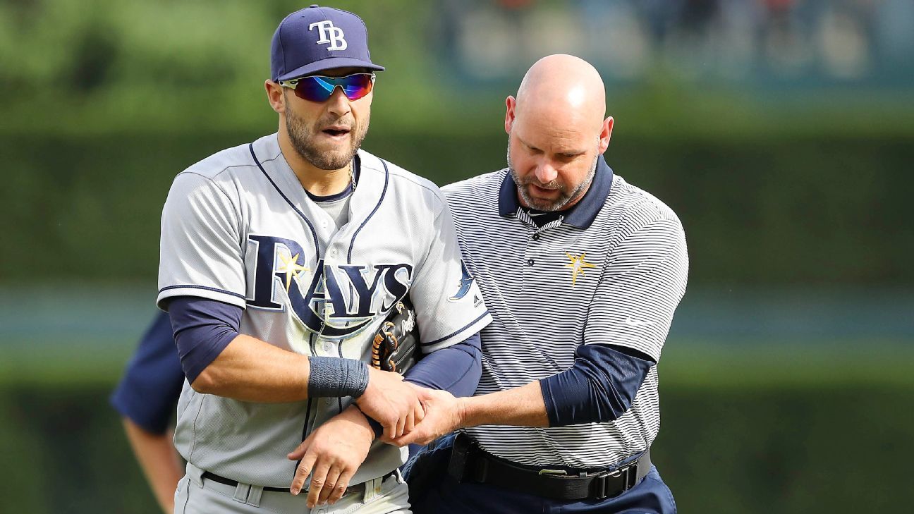 Tampa Bay CF Kiermaier breaks hand trying to make catch