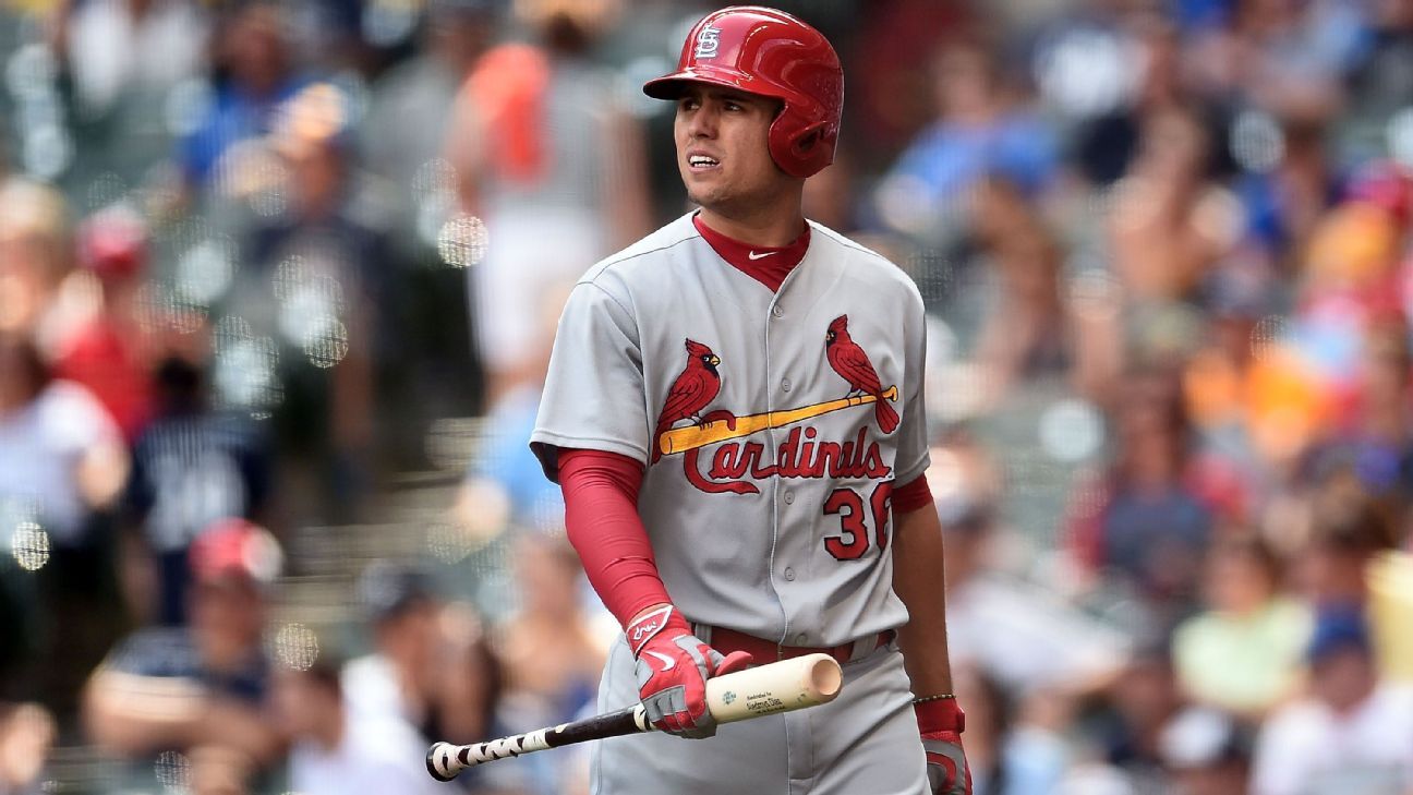 St. Louis Cardinals' Aledmys Diaz leaves game after being hit on hand 