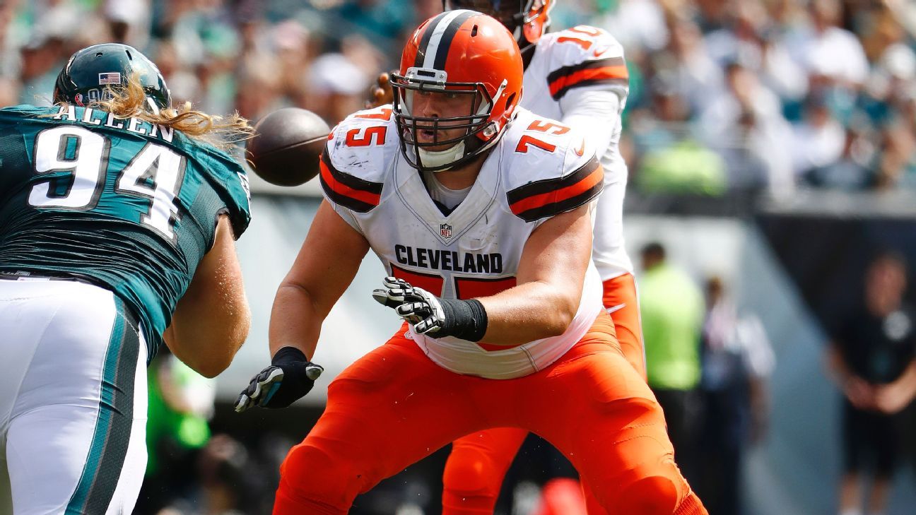 FILE - In this Sunday, Nov. 11, 2018 file photo, Cleveland Browns offensive  tackle Joel Bitonio celebrates after the Browns defeated the Atlanta  Falcons 28-16 in an NFL football game in Cleveland.