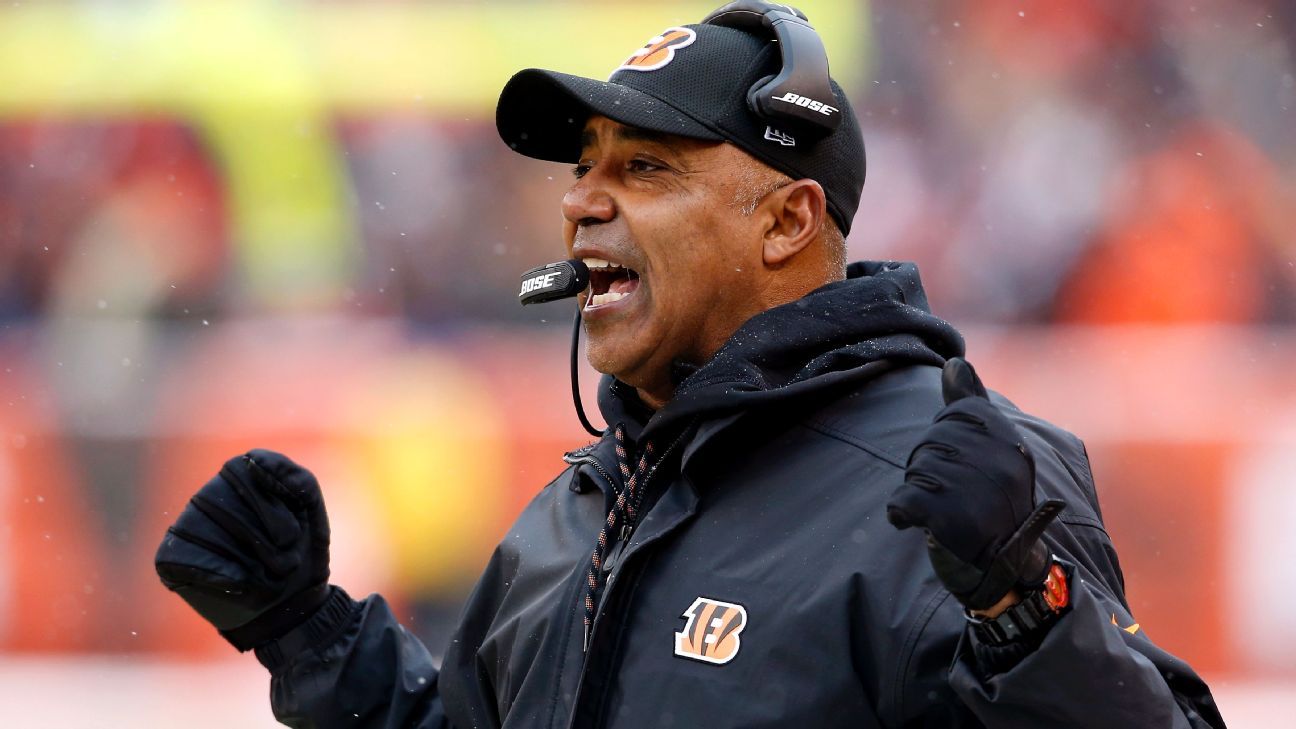 Cincinnati Bengals head coach Marvin Lewis tosses a ball before an