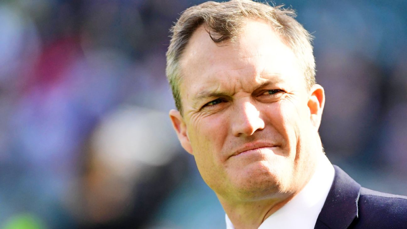 San Francisco 49ers general manager John Lynch speaks to reporters after  the team's NFL preseason football game against the Los Angeles Chargers in  Santa Clara, Calif., Friday, Aug. 25, 2023. (AP Photo/Godofredo