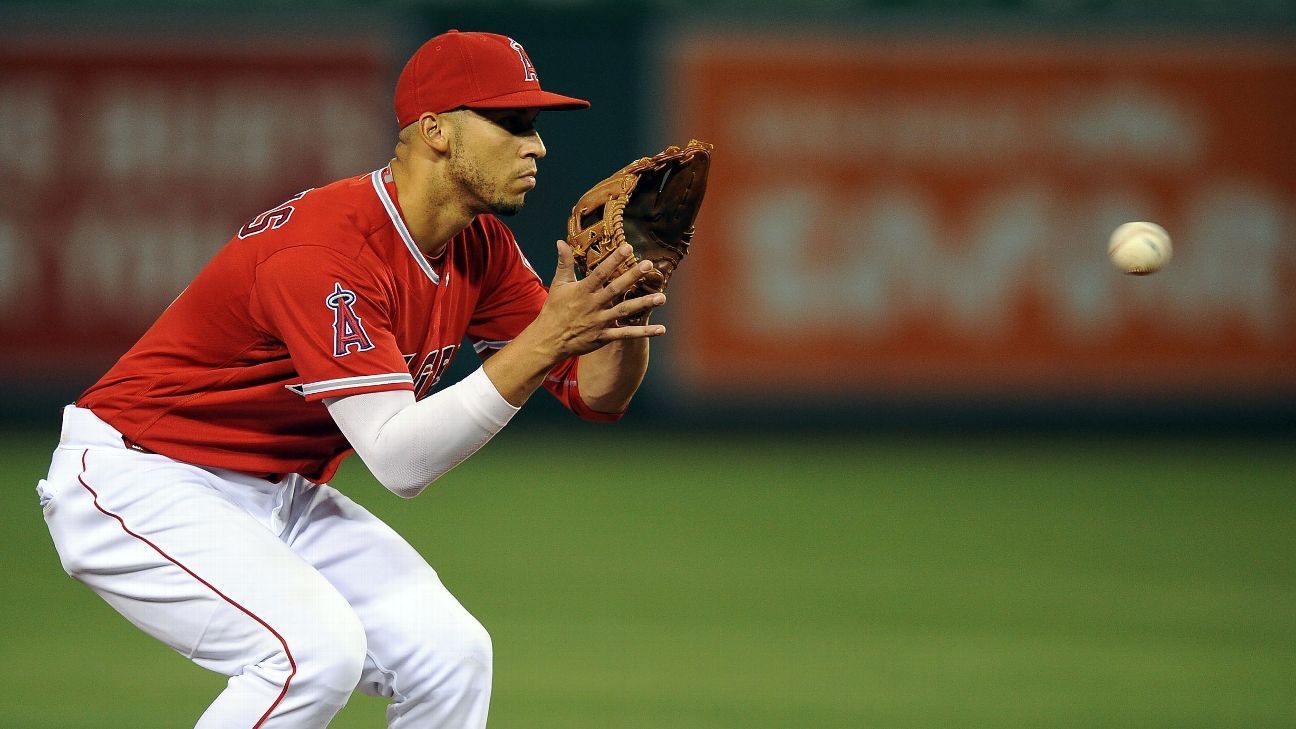 Andrelton Simmons #2 of the Los Angeles Angels is congratulated by