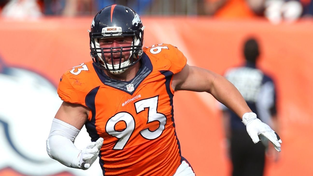 Denver Broncos defensive end Jared Crick during drills at the NFL