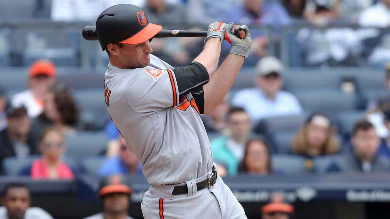Baltimore Orioles’ Trey Mancini gets a standing ovation, single for cancer