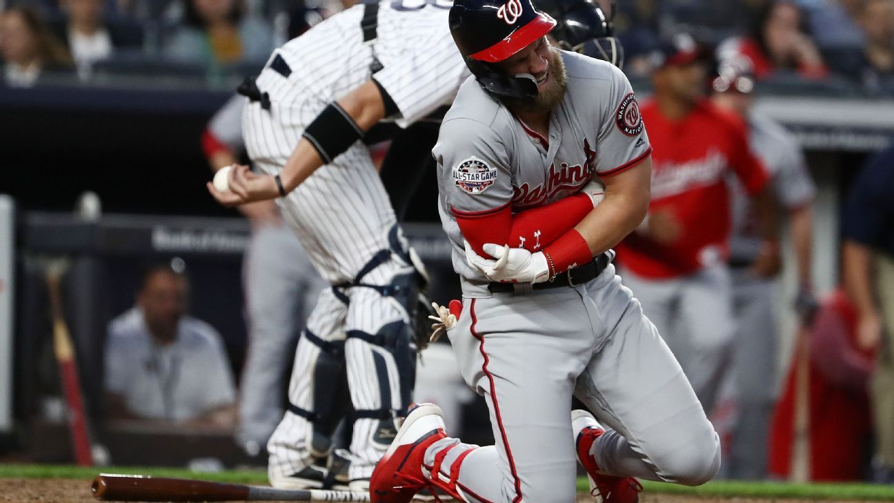 Nationals star Bryce Harper leaves game after hit by pitch for 2nd time  against Yankees