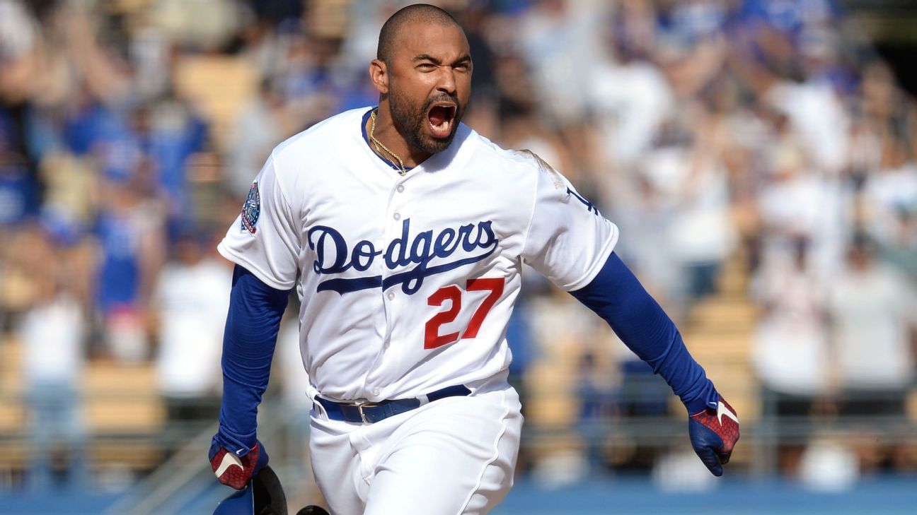 Matt Kemp of the Los Angeles Dodgers wears the Brooklyn Dodgers