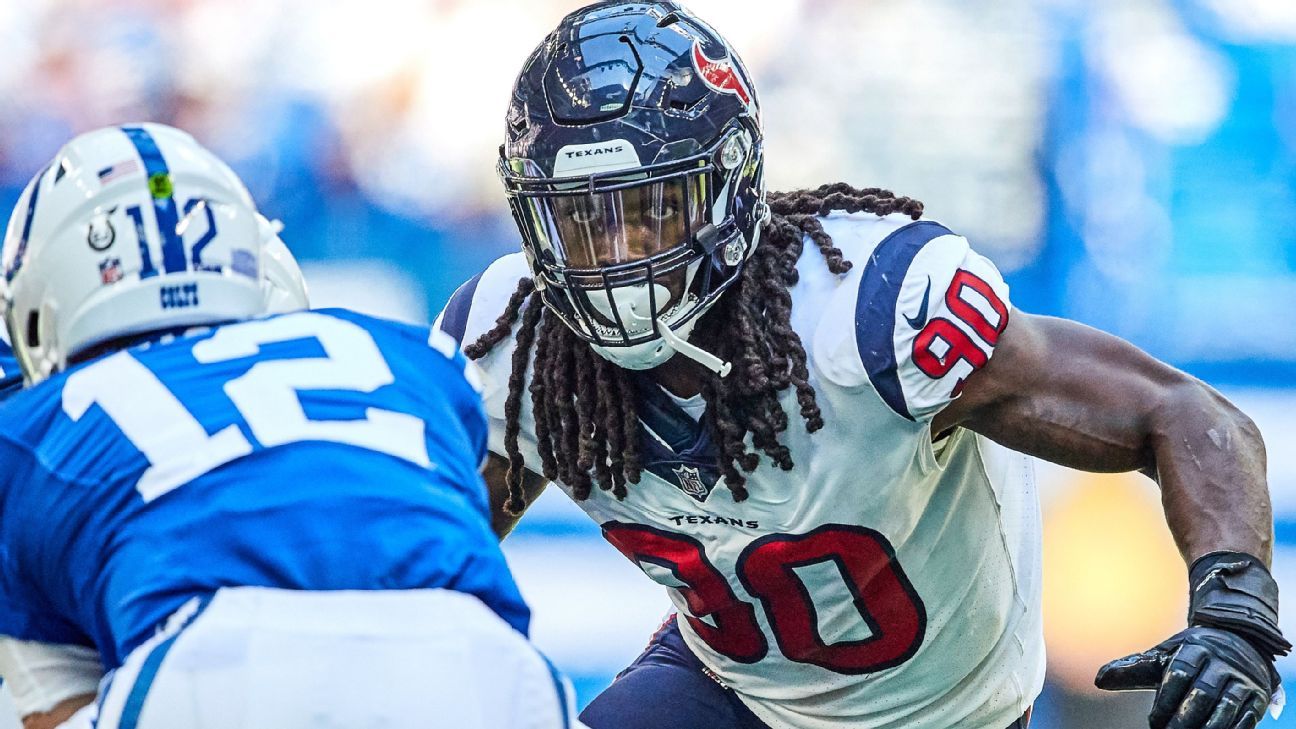 Houston Texans linebackers Jadeveon Clowney, left, and Whitney