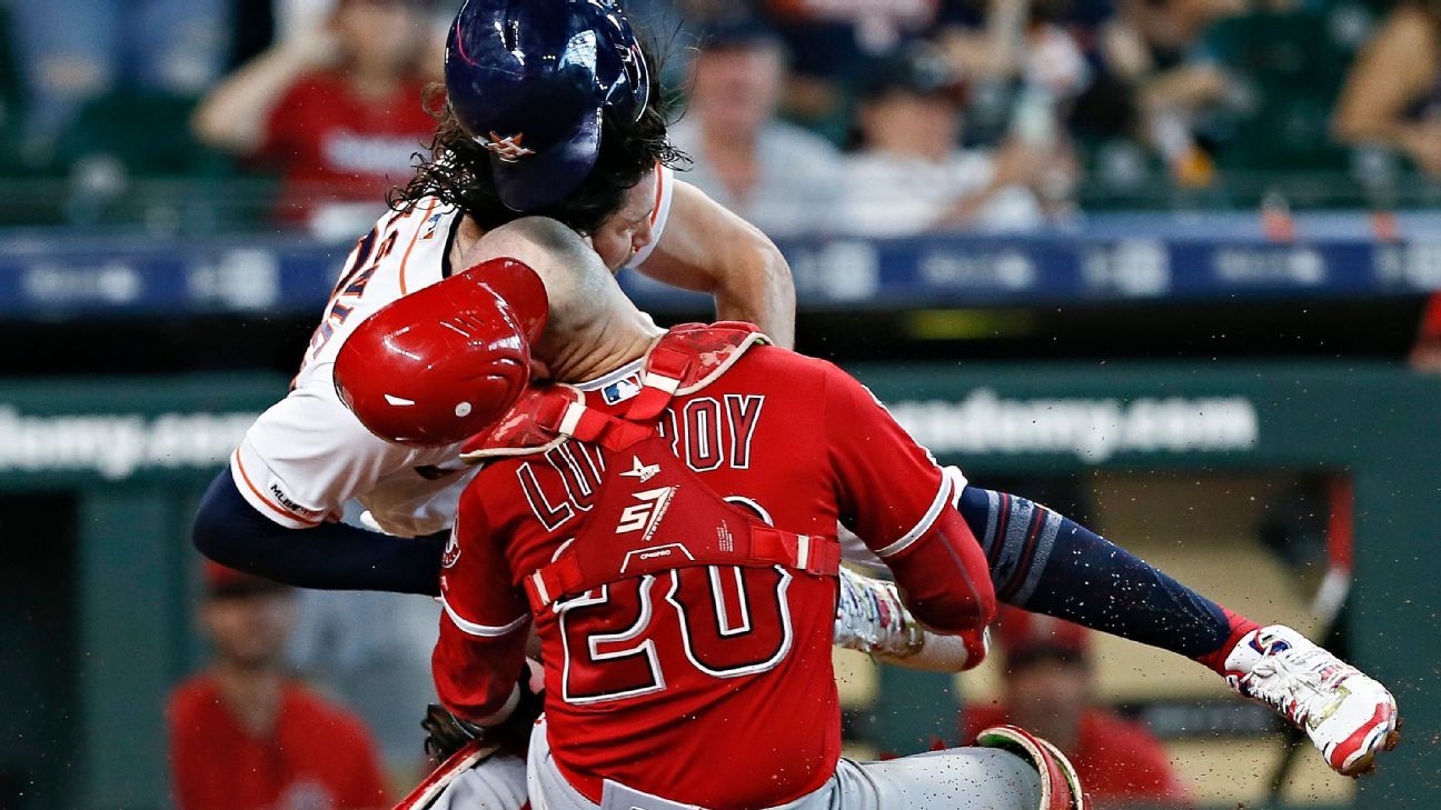 Angels' Jonathan Lucroy hurt in bloody collision at home plate