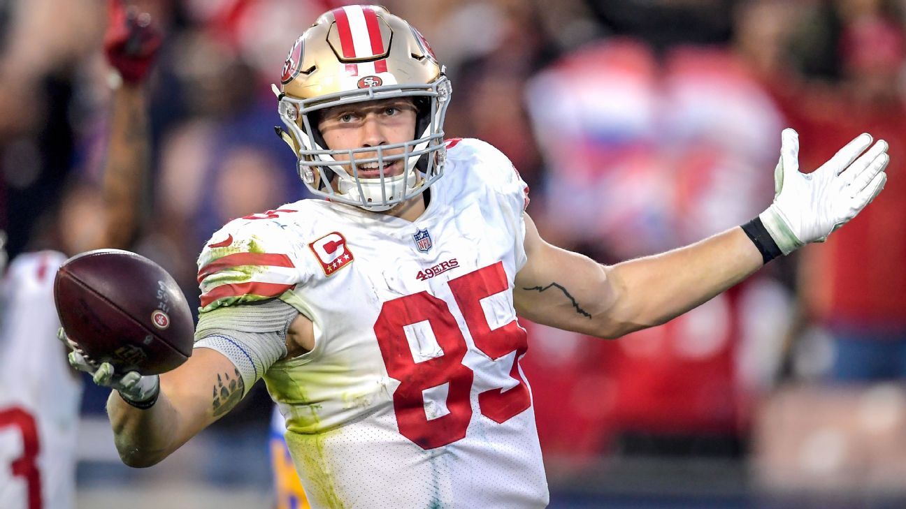 Jersey and gloves worn by 49ers TE George Kittle against the Rams