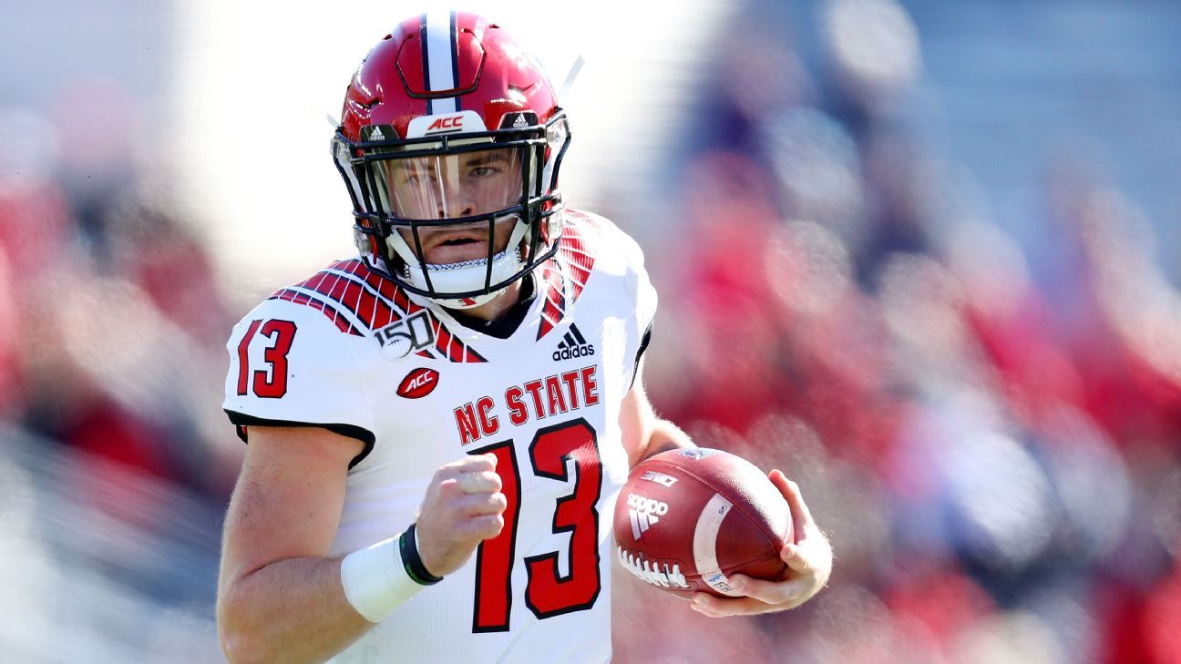 North Carolina State quarterback Devin Leary (13) plays against Pittsburgh  Panthers during an N …