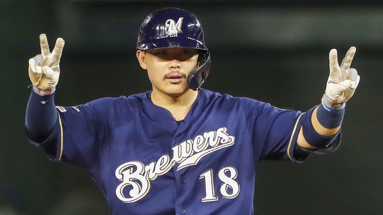 April 29, 2022 - Milwaukee Brewers second baseman Kolten Wong (16) is hit  by a pitch during MLB Baseball action between Chicago and Milwaukee at  Miller Park in Milwaukee, WI.(Credit Image Stock Photo - Alamy