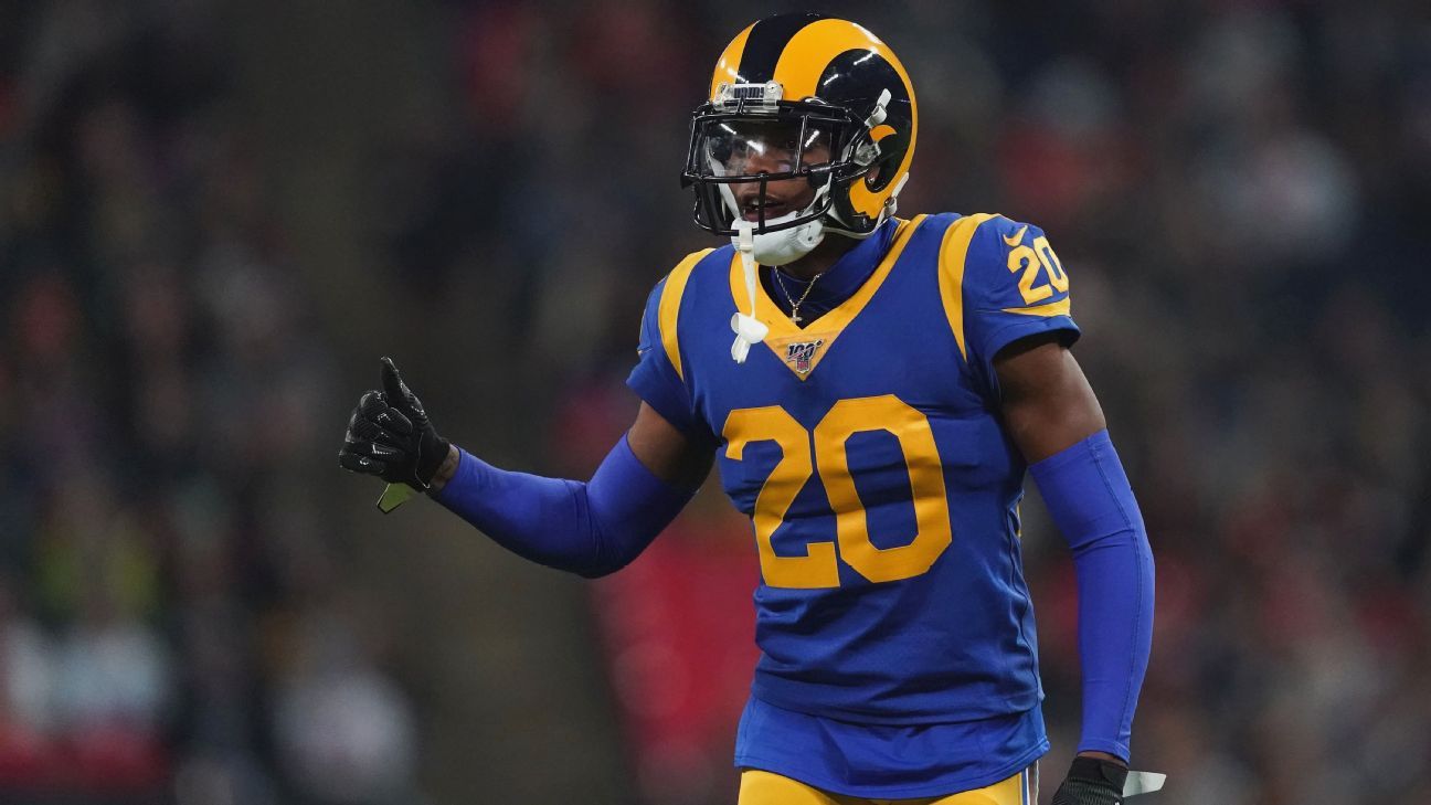 Los Angeles Rams cornerback Jalen Ramsey (5) grabs the jersey of