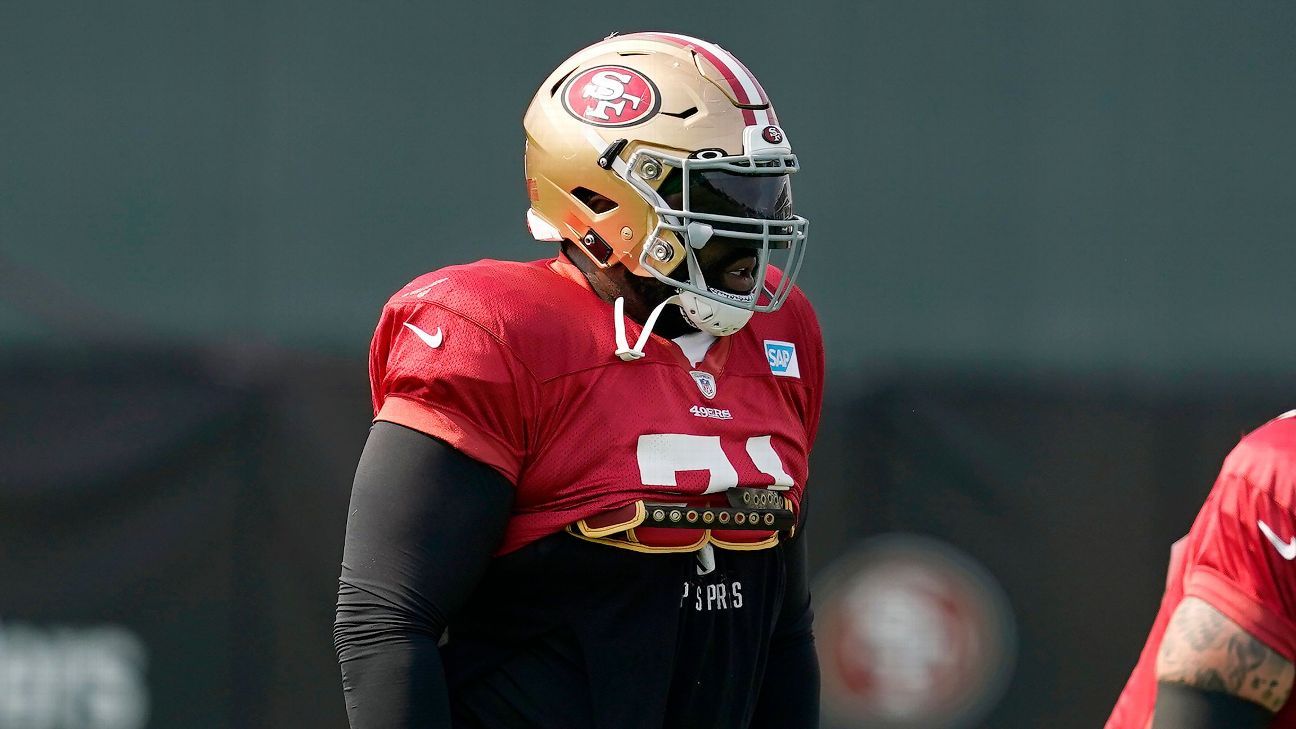 San Francisco 49ers offensive tackle Trent Williams wears the name Elijah  McClain on his helmet with a logo for Crucial Catch and a number 74 decal  to honor former 49ers player Fred