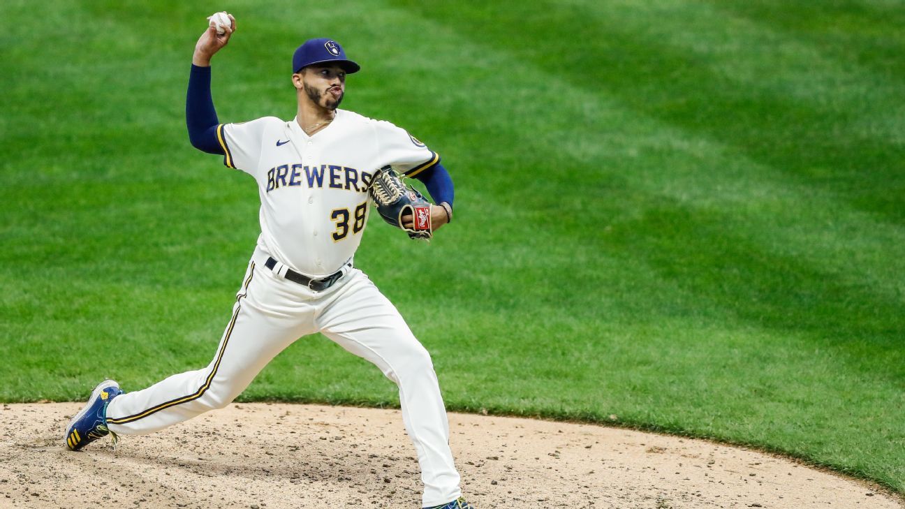 Milwaukee Brewers relief pitcher Devin Williams (38) in action during a  baseball game against the Washington Nationals, Saturday, June 11, 2022, in  Washington. The Nationals won 8-6. (AP Photo/Nick Wass Stock Photo - Alamy