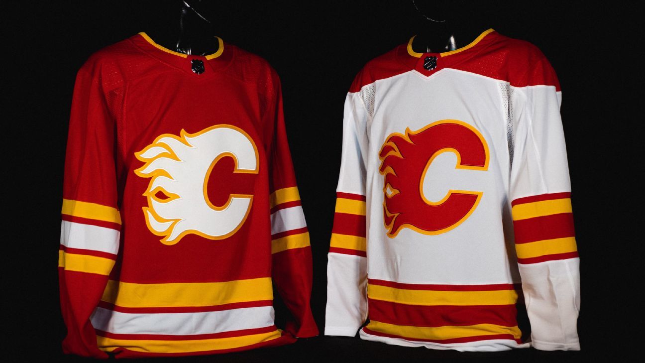 Calgary Flames Outdoor Classic hockey jersey. Displayed with