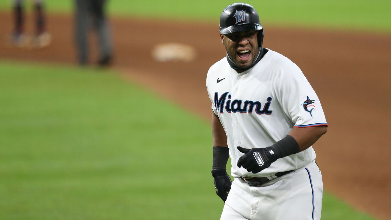 Garrett Cooper of the Miami Marlins in action against the