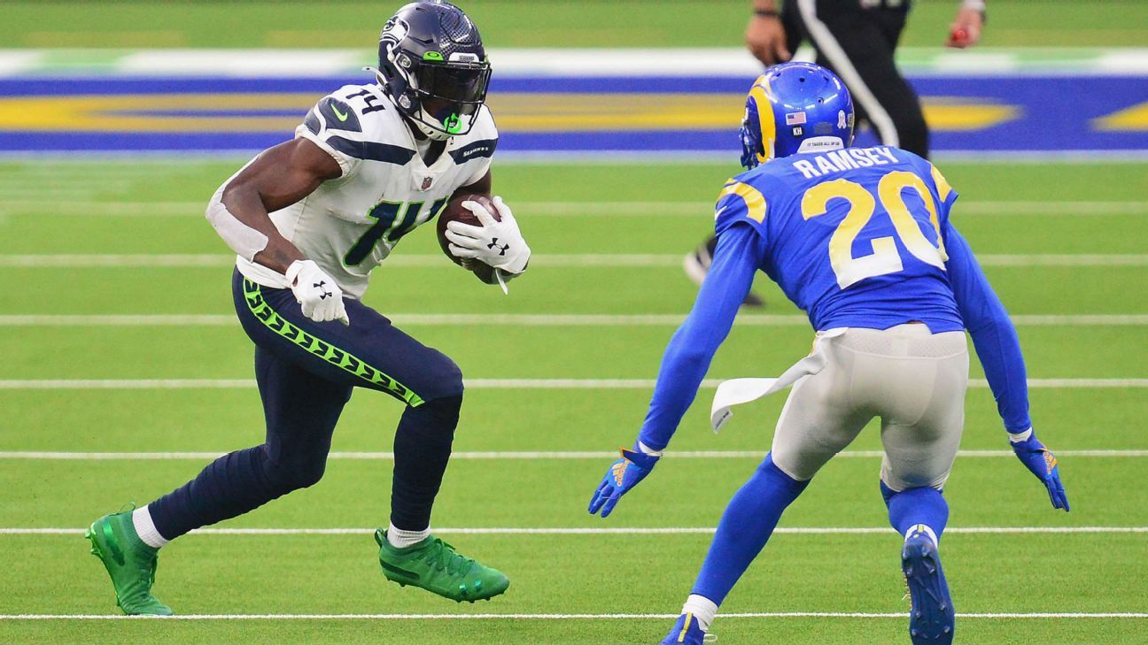 Los Angeles Rams cornerback Jalen Ramsey (5) defends against Seattle  Seahawks wide receiver DK Metcalf (14)