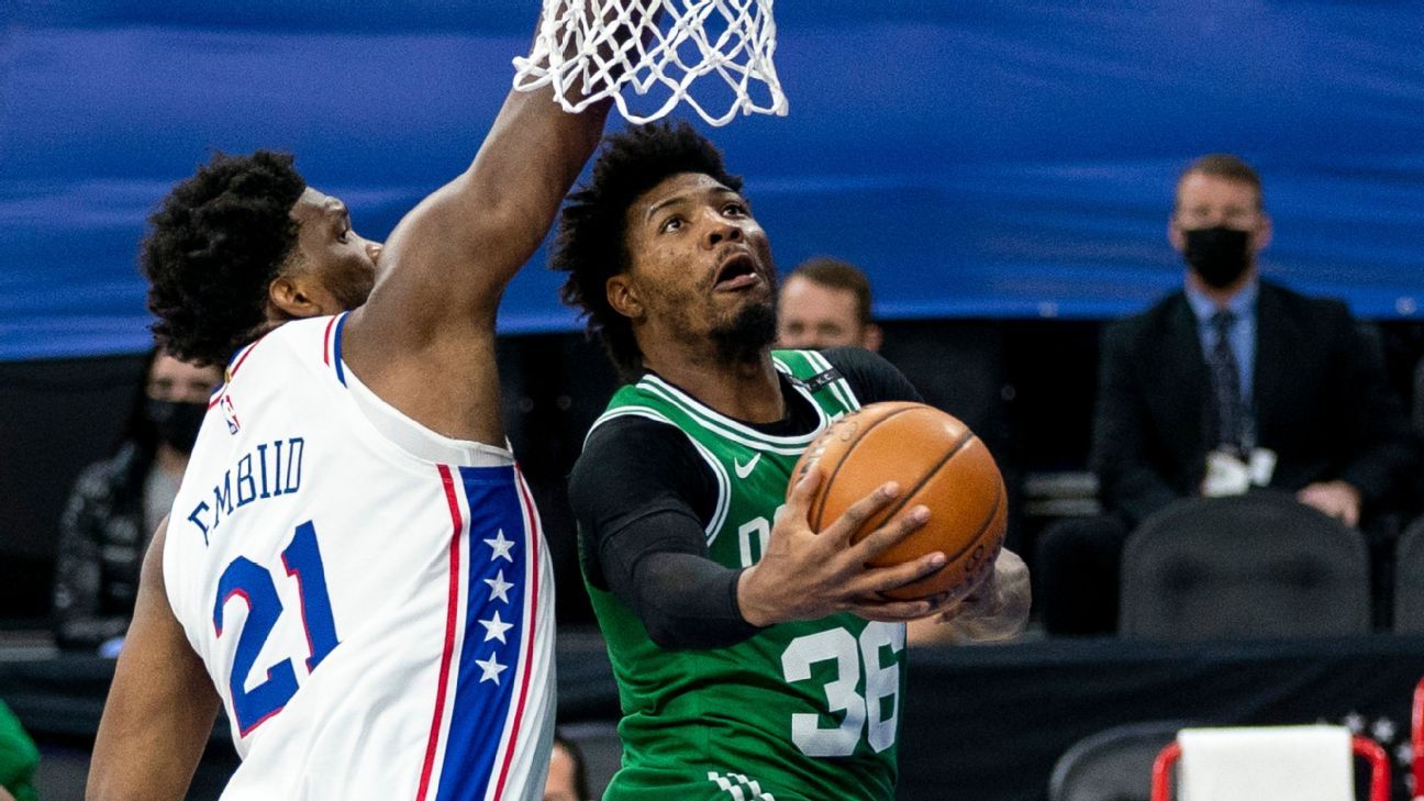 Joel Embiid, of the Philadelphia 76ers, mocks Marcus Smart’s claim that he “floats” by calls