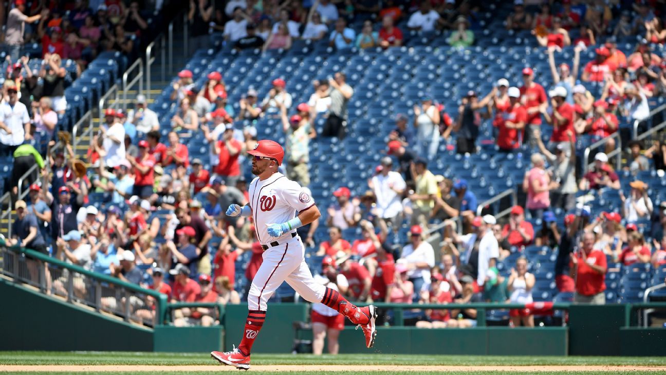 WASHINGTON, DC - APRIL 21: Washington Nationals left fielder Kyle Schwarber  (12) finishes a swing during the St. Louis Cardinals versus Washington  Nationals game at Nationals Park on April 21, 2021 in