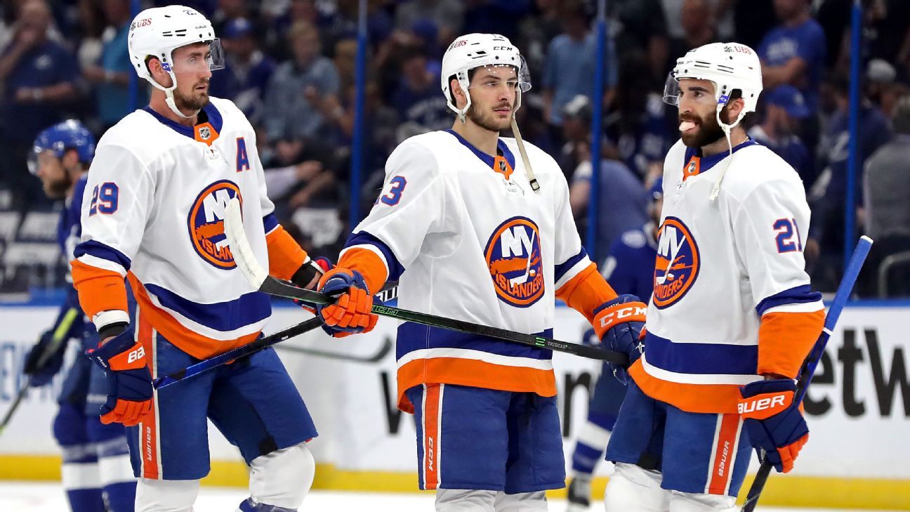 New York Islanders center Mathew Barzal (13) wears a Hockey Fights Cancer  jersey as he warms up before an NHL hockey game against the Florida  Panthers, Saturday, Nov. 9, 2019, in New