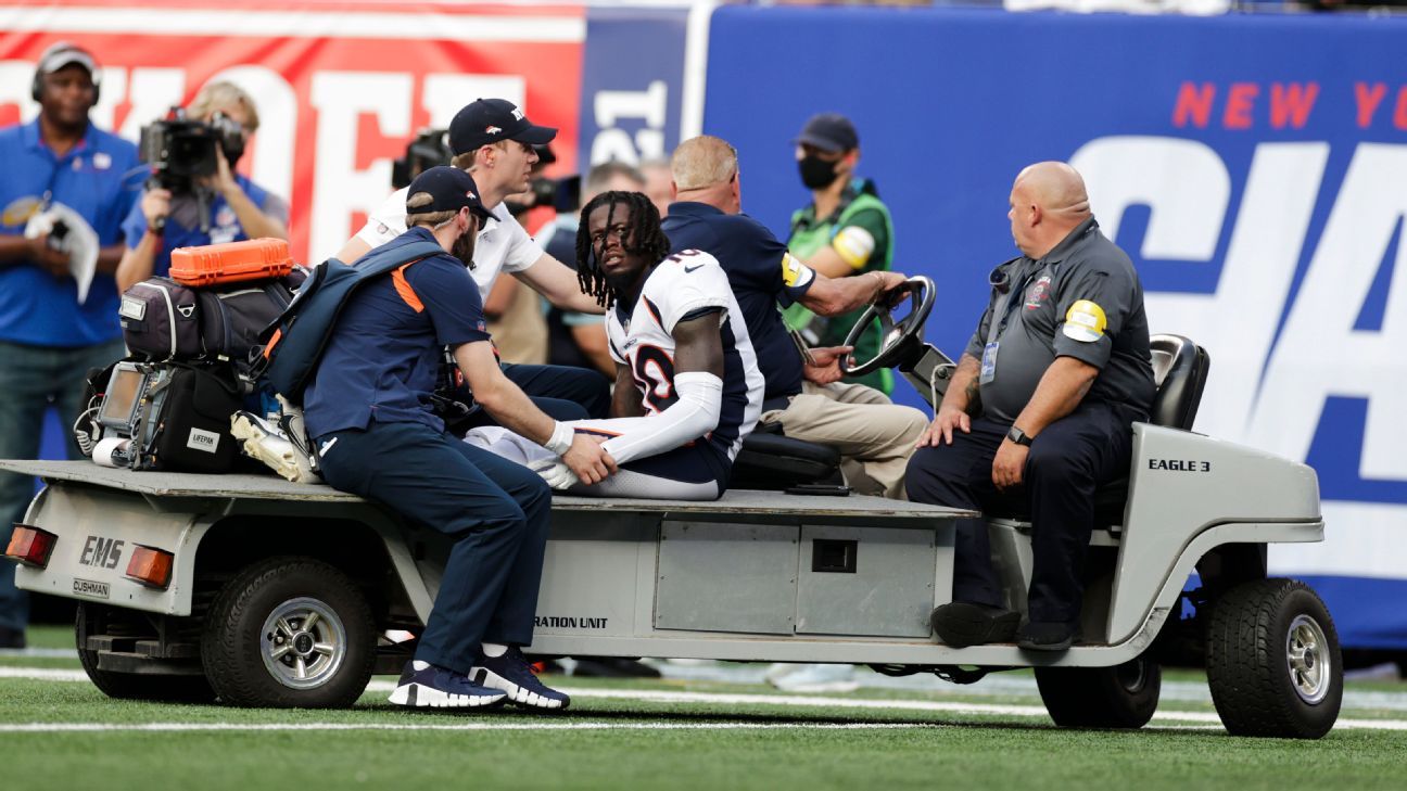 Broncos top receiver Jerry Jeudy carted off field with apparent hamstring  injury