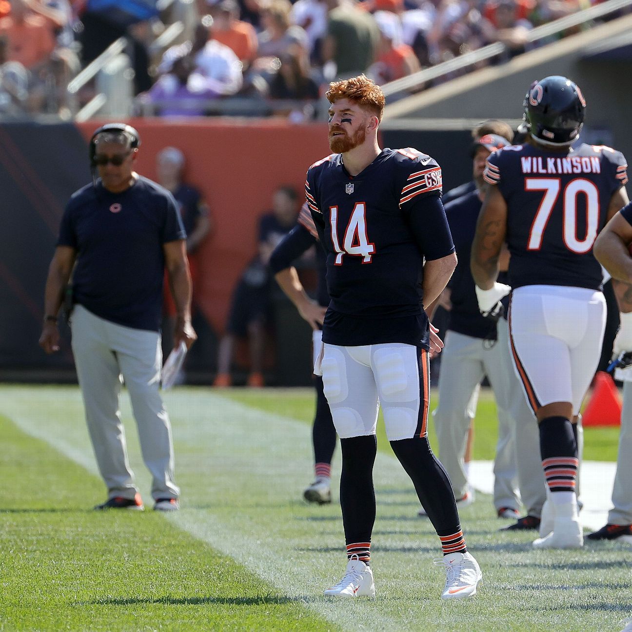 Chicago Bears quarterback Andy Dalton (14) looks to pass the ball against  the Cincinnati Bengals during the first half of an NFL football game,  Sunday, Sept. 19, 2021, in Chicago. (AP Photo/Kamil