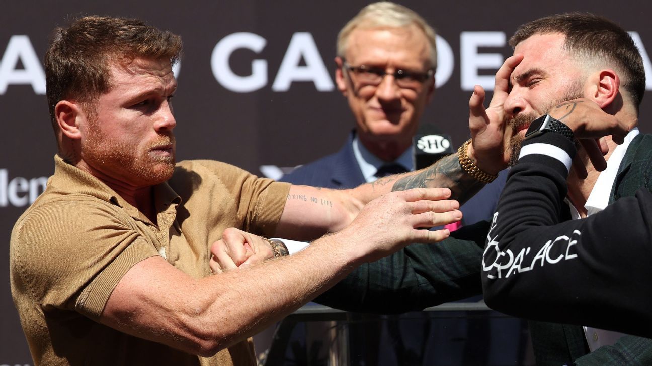 Canelo Alvarez, Caleb Plant trade punches at news conference for Nov. 6 title unification bout