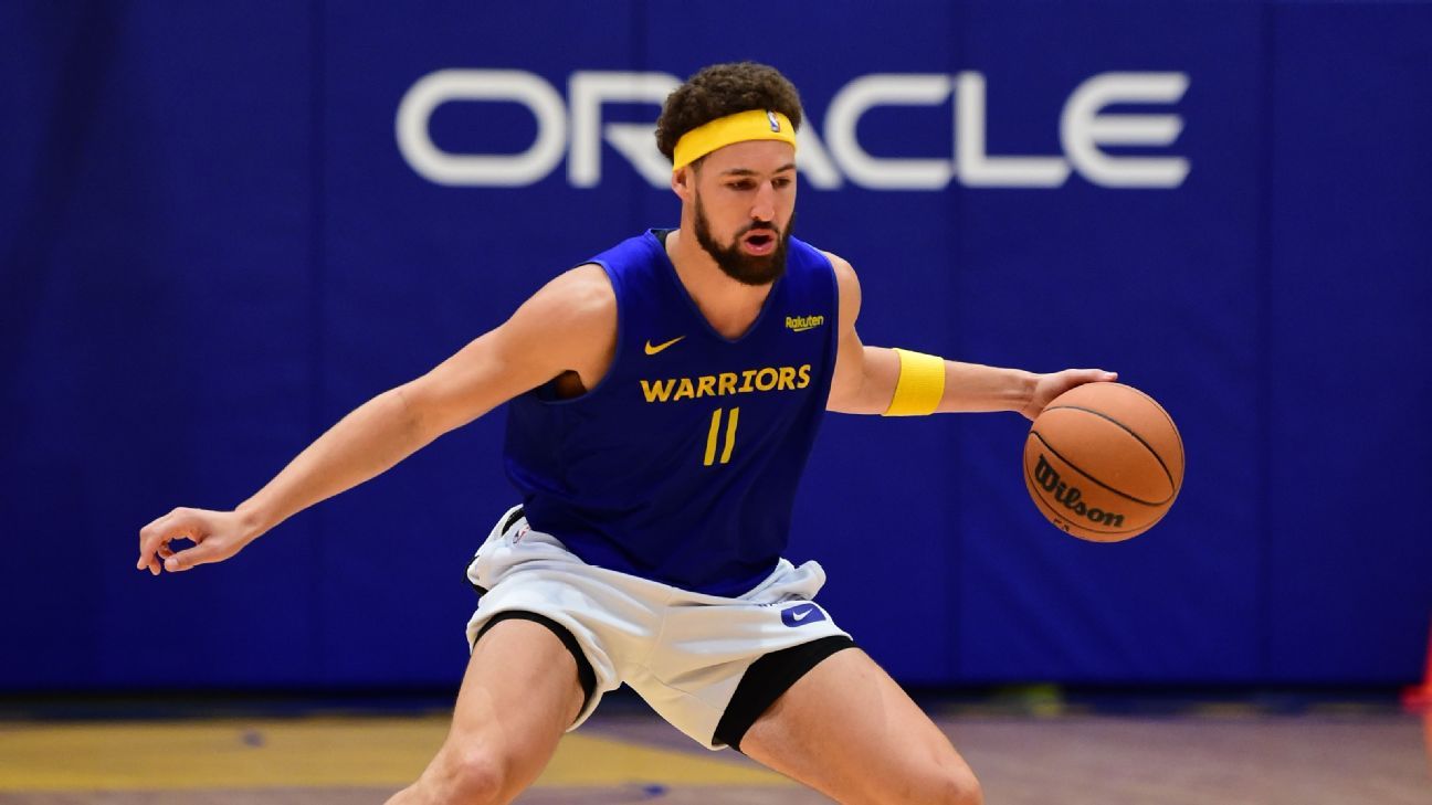 Golden State Warriors' Klay Thompson participates in first full practice since ACL and Achilles injuries