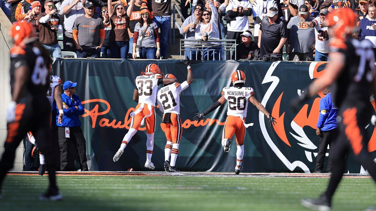 Cleveland Browns cornerback Denzel Ward races 99 yards for a TD after picking of..