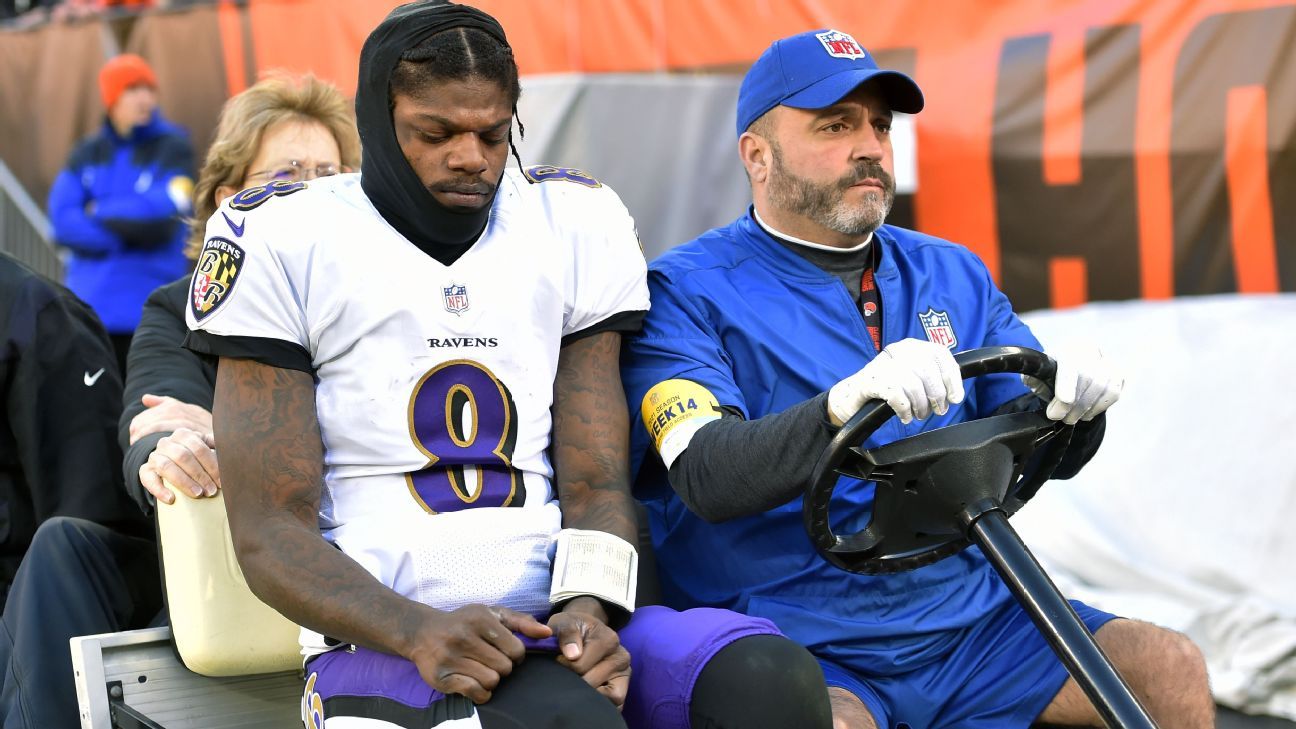 Ravens QB Lamar Jackson carted into locker room with ankle sprain