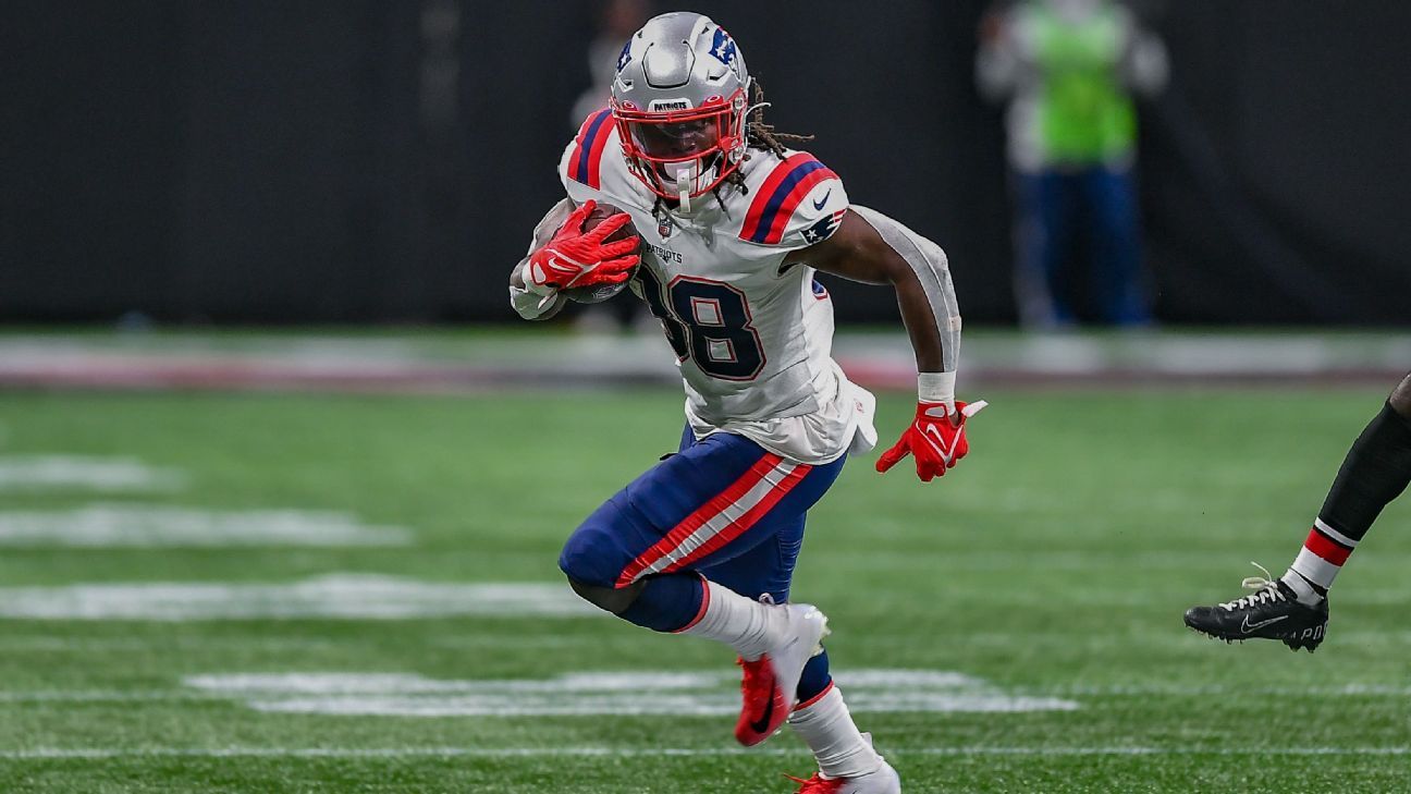 New England Patriots running back Rhamondre Stevenson (38) warms up prior  to an NFL football game against the Chicago Bears, Monday, Oct. 24, 2022,  in Foxborough, Mass. (AP Photo/Stew Milne Stock Photo - Alamy