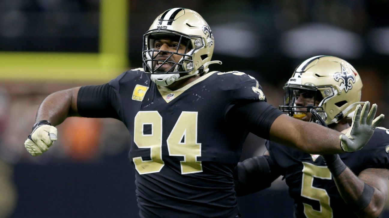 New Orleans Saints defensive end Cameron Jordan (94) signals during the  second half of an NFL football game against the Atlanta Falcons, Sunday,  Sep. 11, 2022, in Atlanta. The New Orleans Saints